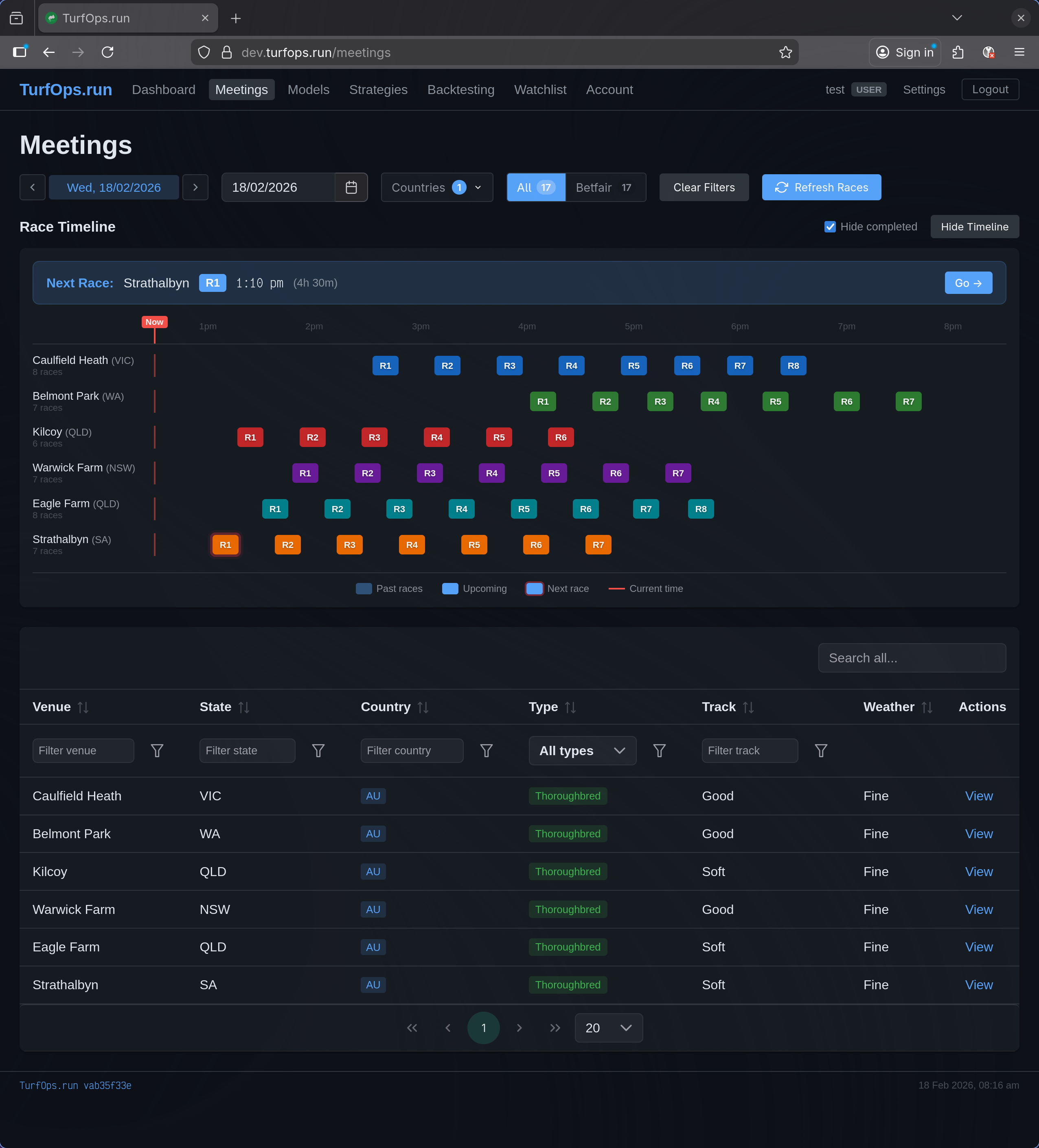 TurfOps Meetings — race timeline and venue list with filters
