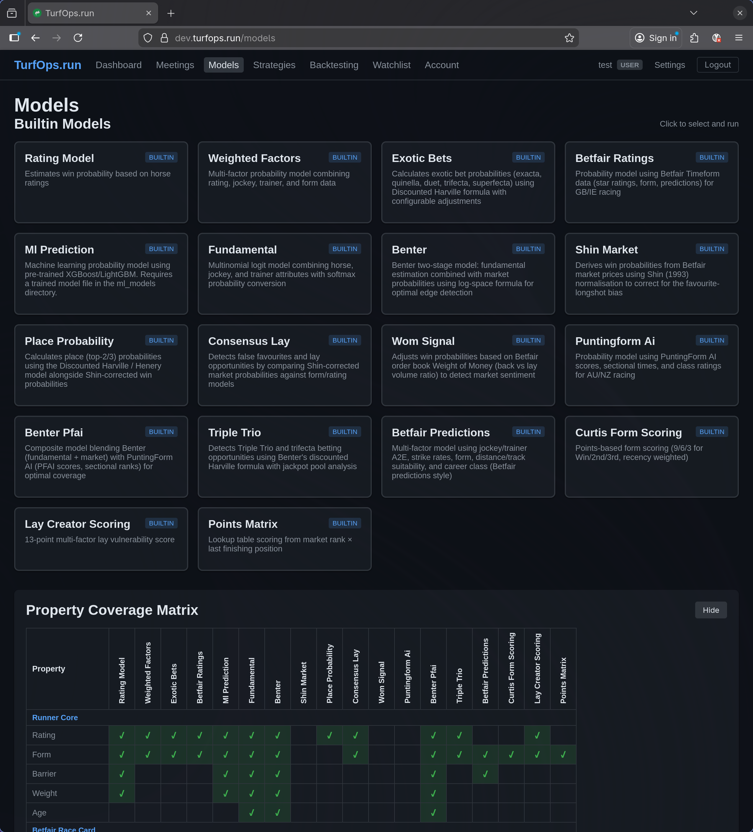 TurfOps Models — 16 built-in probability models
