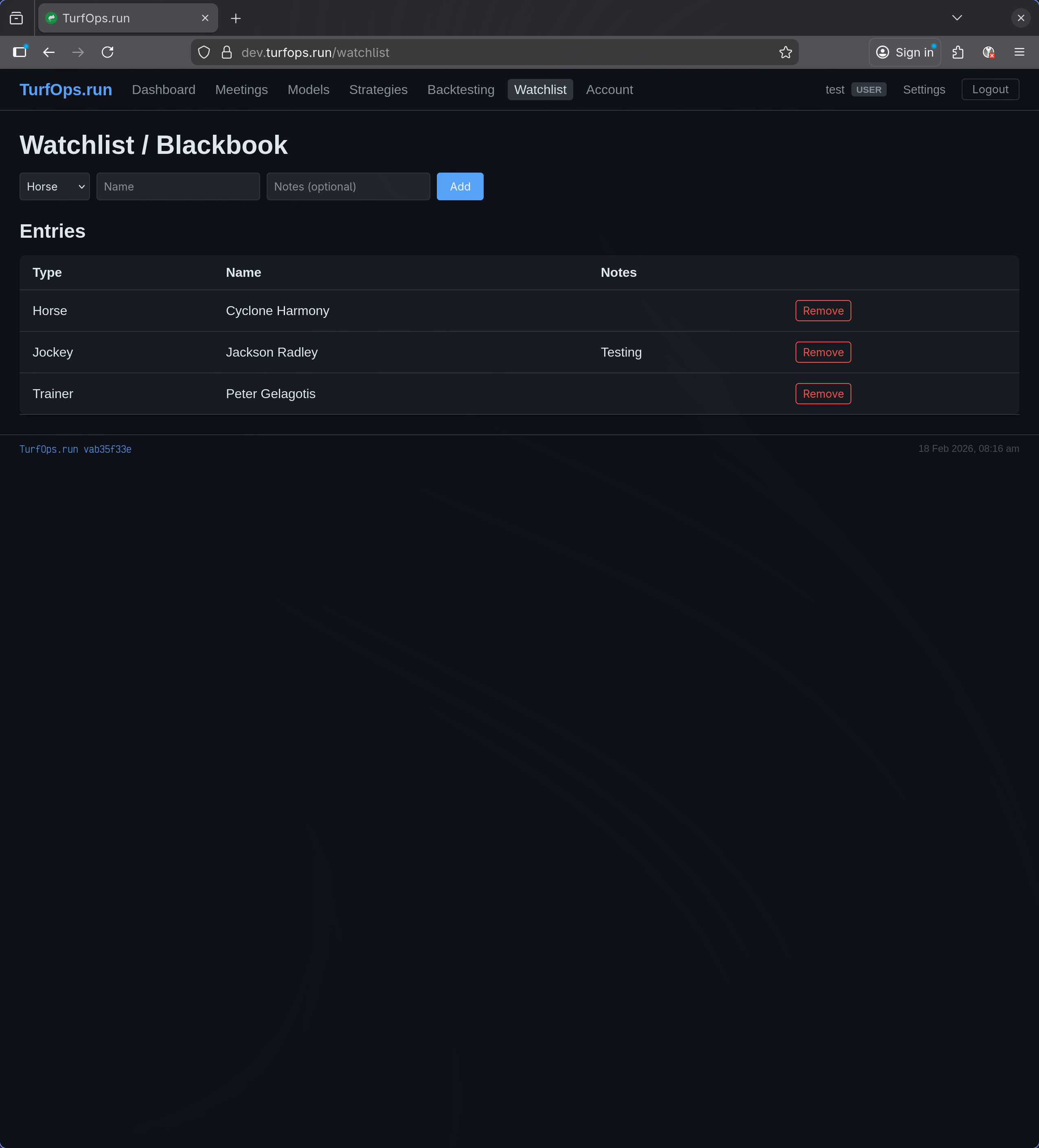 TurfOps Watchlist — track horses, jockeys, and trainers